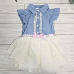 Little Lass Toddler Girl Blue and White Lace Dress Size 24β Months